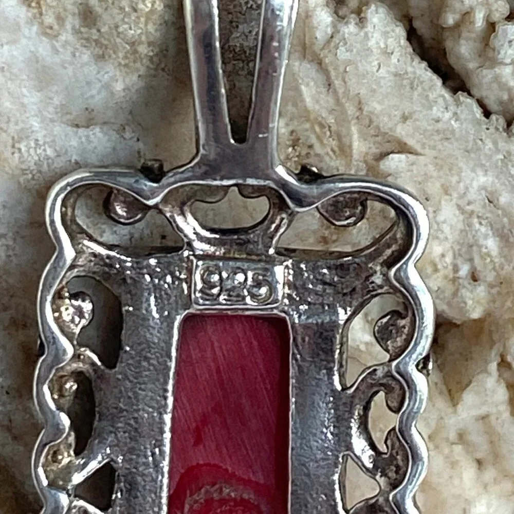 Sterling Silver 925 Faux Red Coral Rectangular Scrollwork Pendant Necklace 20